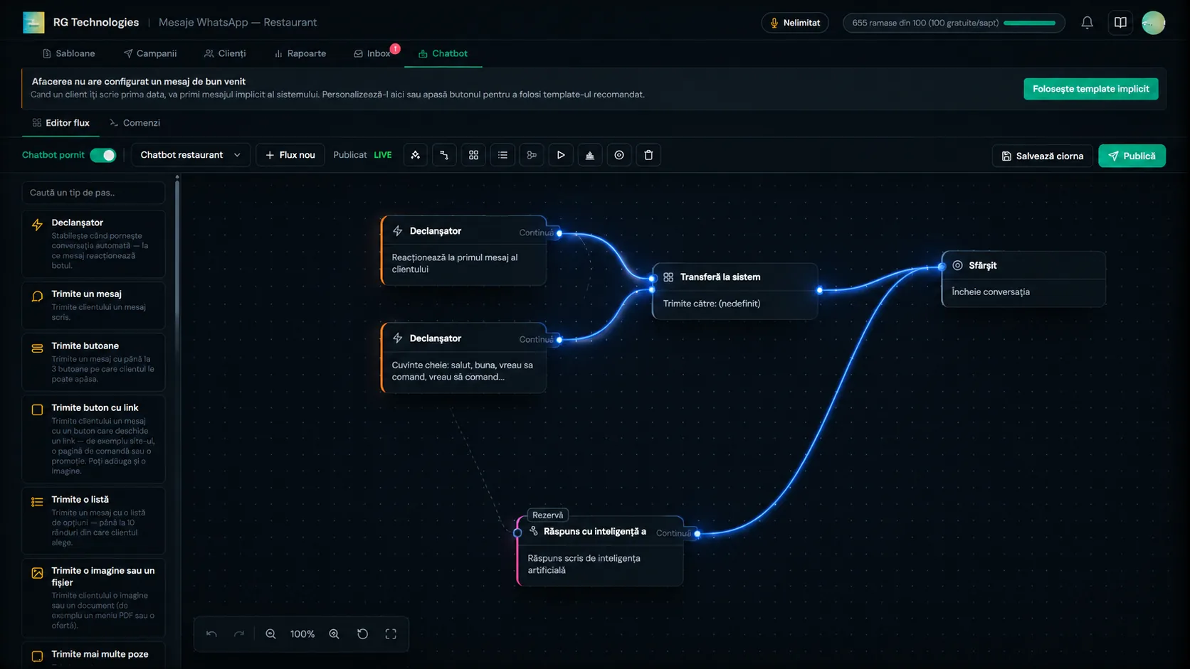 Editor vizual de fluxuri chatbot